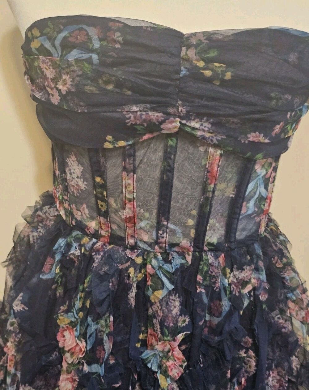 LULUS Stunning Element Navy Floral Mesh Ruffled Strapless Maxi Dress Size Small - Picture 6 of 13